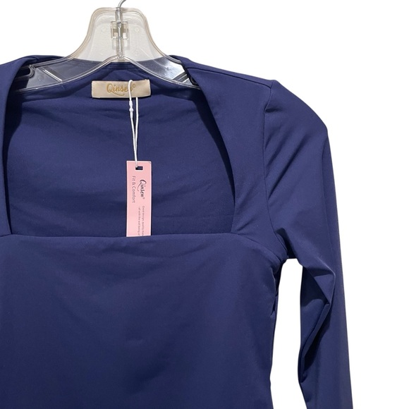 Qinsen Square Neck Thong Long Sleeve Bodysuit Navy Blue Women’s Size Medium - Picture 9 of 14